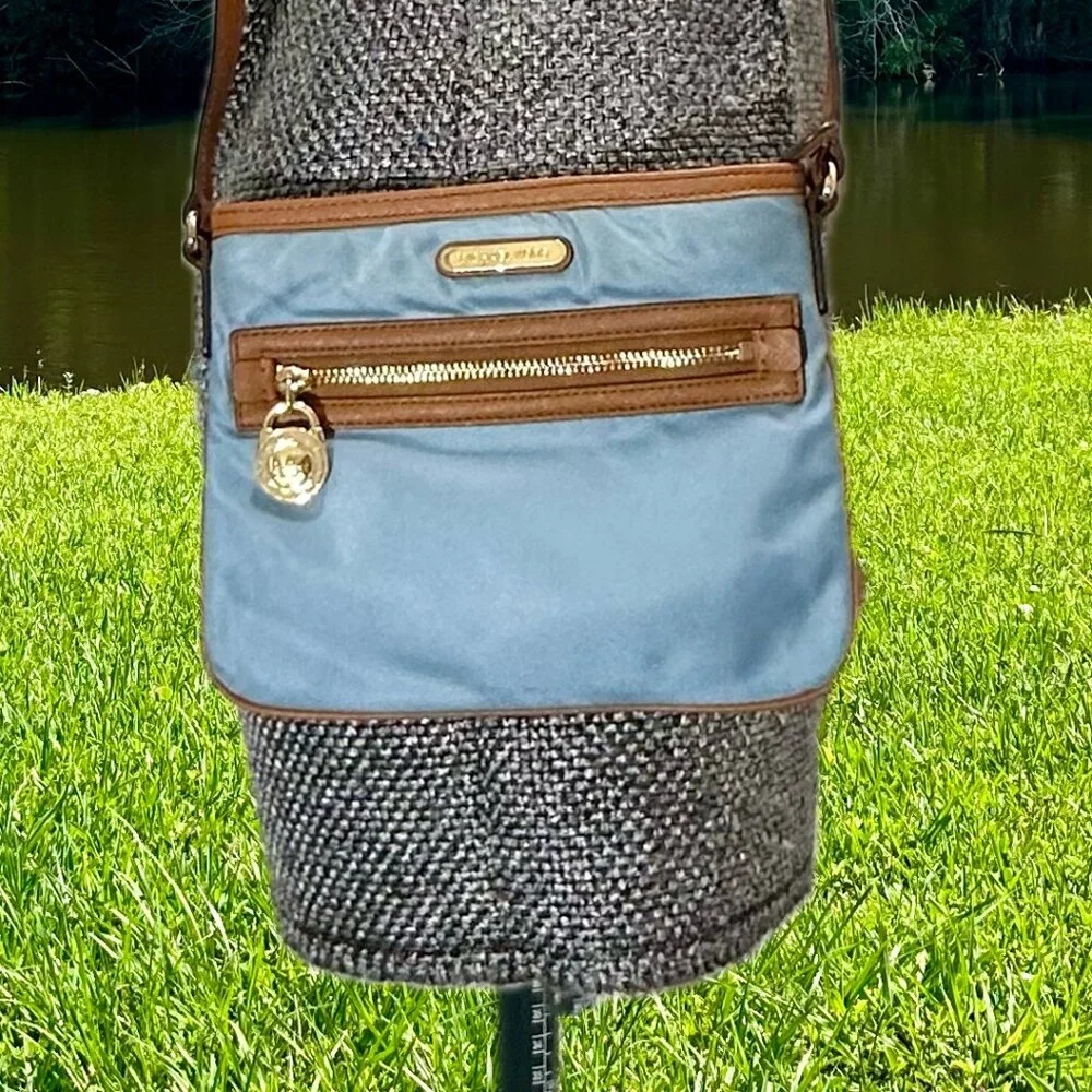 MICHAEL Michael Kors MK Kempton Powder Blue Nylon & Brown Leather Crossbody Bag